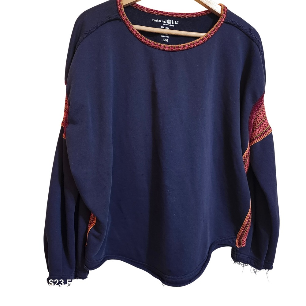 Natural Life Knit Trim Oversized Sweatshirt Womens Size S/M Navy Boho Hippie